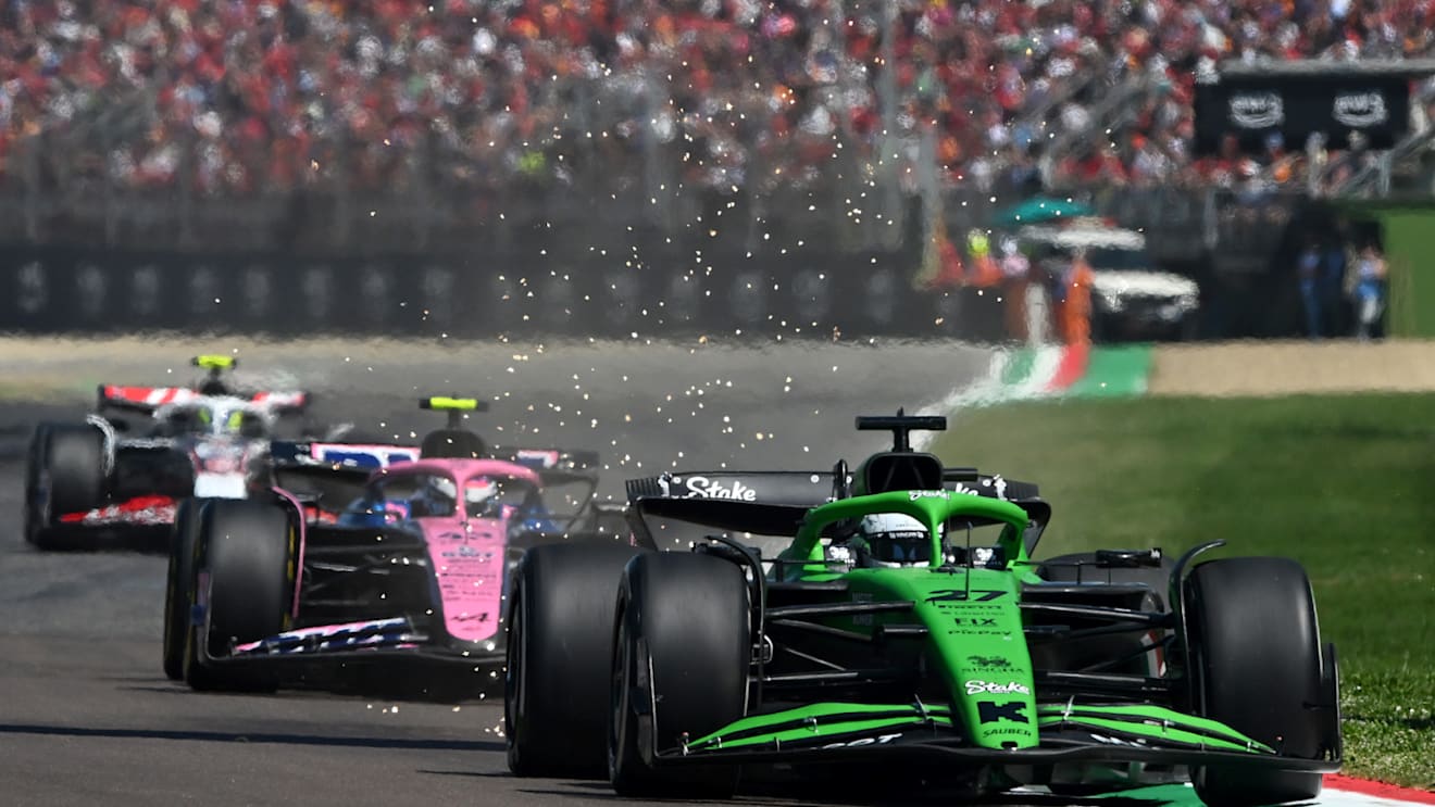 IMOLA, ITALY - MAY 18: Nico Hulkenberg of Germany driving the (27) Kick Sauber C45 Ferrari leads Franco Colapinto of Argentina driving the (43) Alpine F1 A525 Renault and Oliver Bearman of Great Britain driving the (87) Haas F1 VF-25 Ferrari on track during the F1 Grand Prix of Emilia-Romagna at Autodromo Internazionale Enzo e Dino Ferrari on May 18, 2025 in Imola, Italy. (Photo by Rudy Carezzevoli/Getty Images)