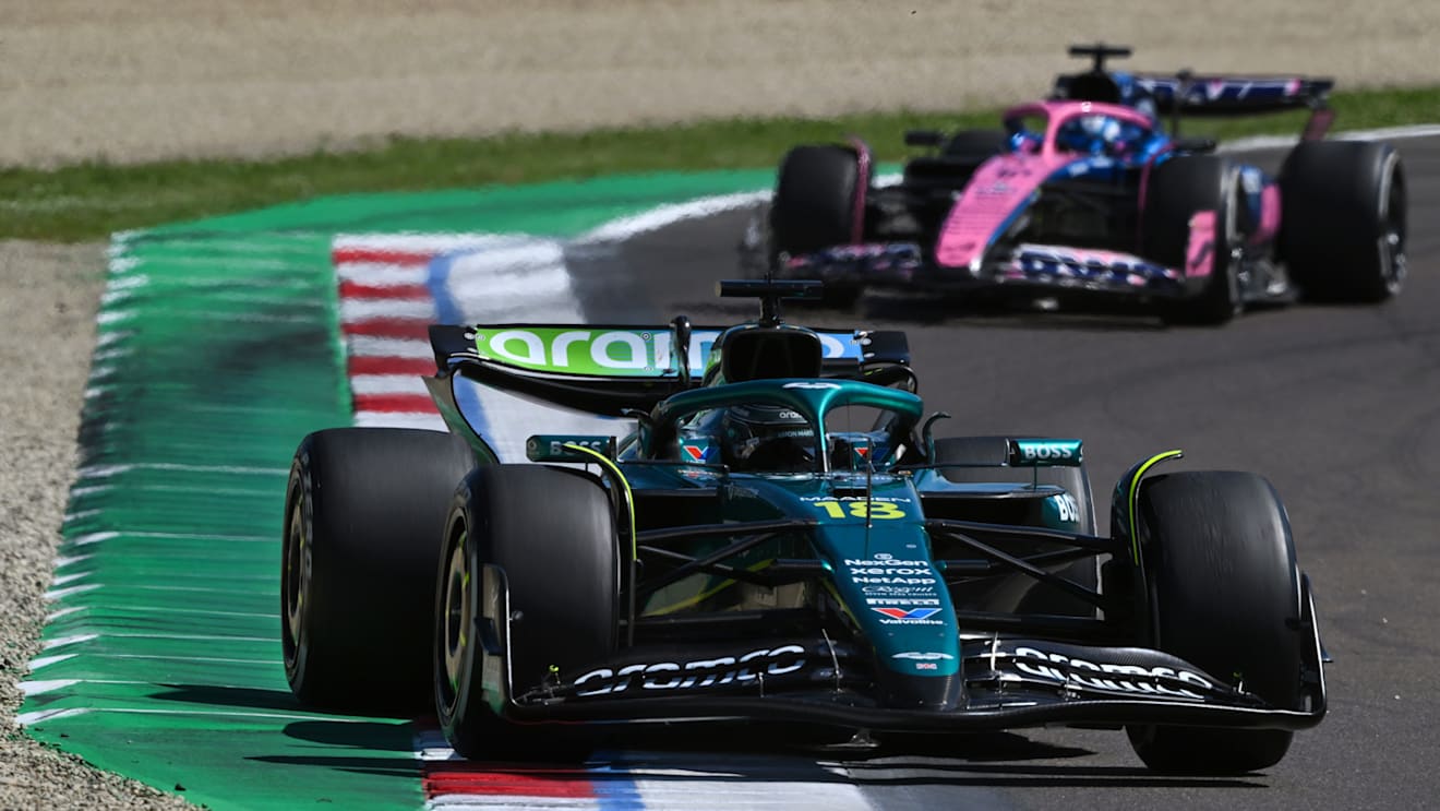 IMOLA, ITALY - MAY 18: Lance Stroll of Canada driving the (18) Aston Martin F1 Team AMR25 Mercedes leads Pierre Gasly of France driving the (10) Alpine F1 A525 Renault on track during the F1 Grand Prix of Emilia-Romagna at Autodromo Internazionale Enzo e Dino Ferrari on May 18, 2025 in Imola, Italy. (Photo by Mark Sutton - Formula 1/Formula 1 via Getty Images)
