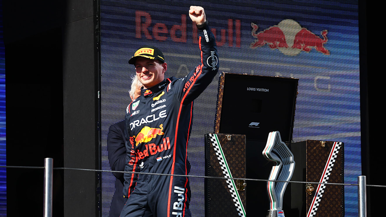 IMOLA, ITALY - MAY 18: Race winner Max Verstappen of the Netherlands and Oracle Red Bull Racing arrives on the podium during the F1 Grand Prix of Emilia-Romagna at Autodromo Internazionale Enzo e Dino Ferrari on May 18, 2025 in Imola, Italy. (Photo by Clive Rose/Getty Images)