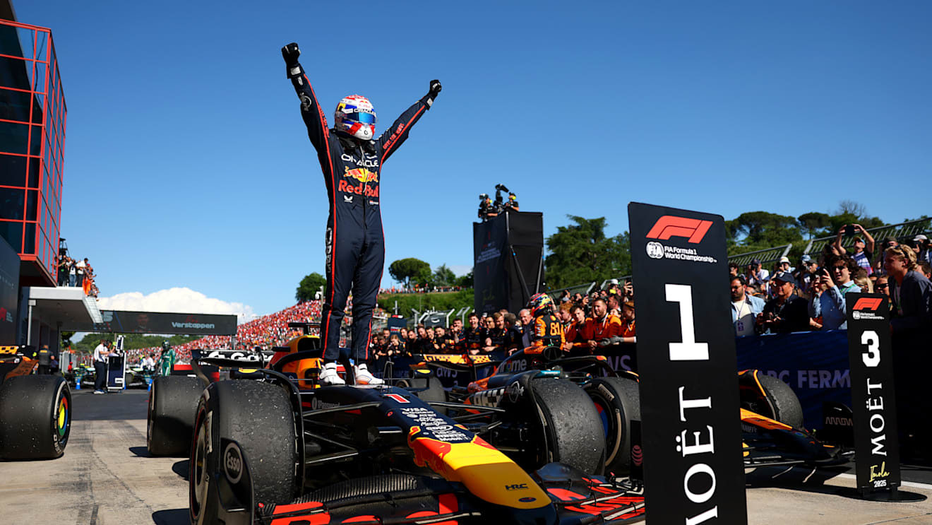 IMOLA, ITALY - MAY 18: Race winner Max Verstappen of the Netherlands and Oracle Red Bull Racing celebrates on arrival in parc ferme during the F1 Grand Prix of Emilia-Romagna at Autodromo Internazionale Enzo e Dino Ferrari on May 18, 2025 in Imola, Italy. (Photo by Bryn Lennon - Formula 1/Formula 1 via Getty Images)