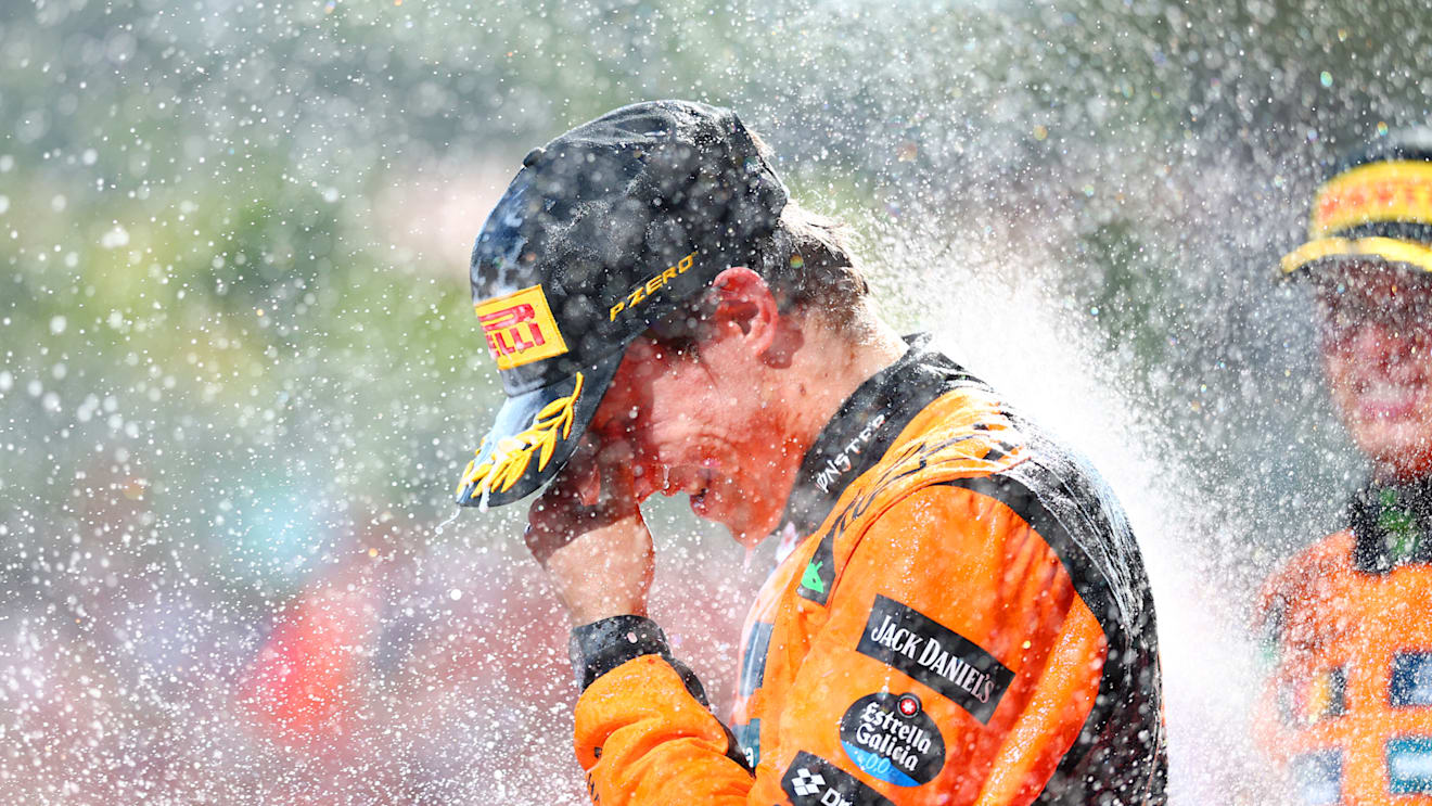IMOLA, ITALY - MAY 18: Third placed Oscar Piastri of Australia and McLaren on the podium during the F1 Grand Prix of Emilia-Romagna at Autodromo Internazionale Enzo e Dino Ferrari on May 18, 2025 in Imola, Italy. (Photo by Bryn Lennon - Formula 1/Formula 1 via Getty Images)