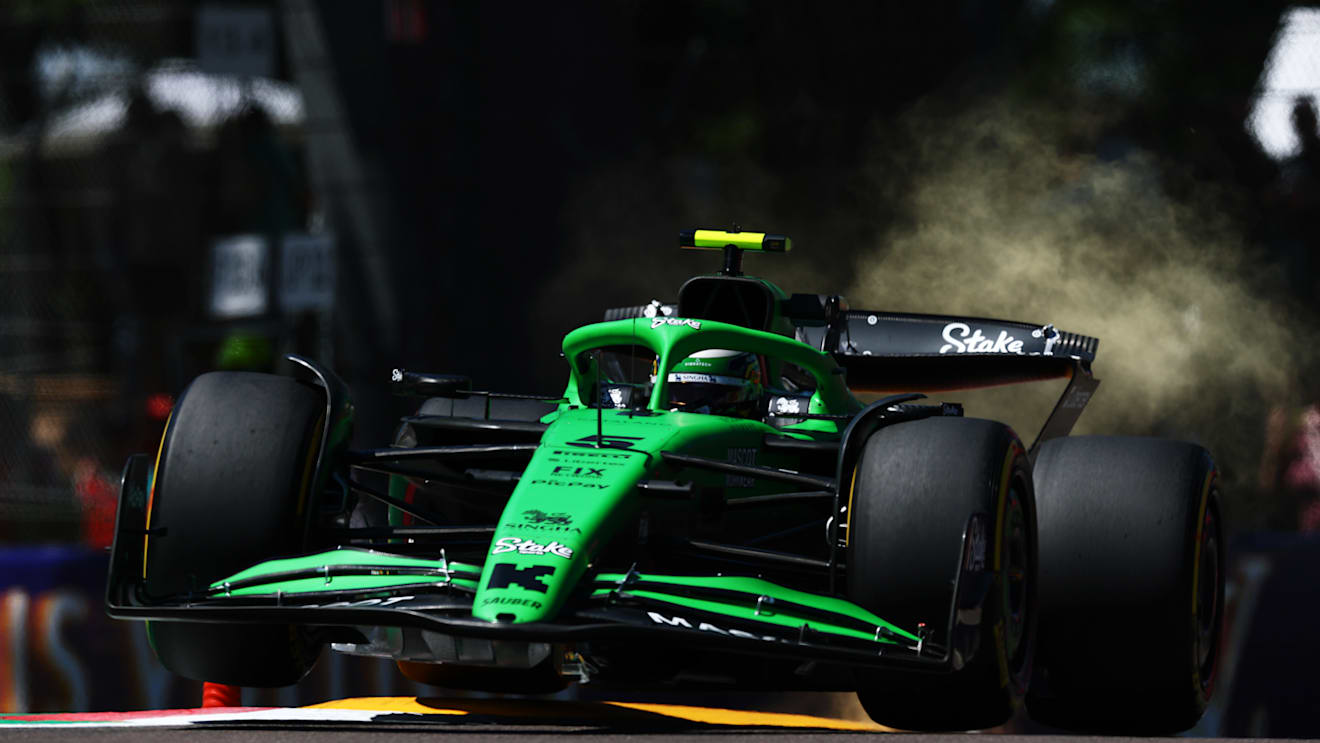 IMOLA, ITALY - MAY 16: Gabriel Bortoleto of Brazil driving the (5) Kick Sauber C45 Ferrari lifts his wheels on track during practice ahead of the F1 Grand Prix of Emilia-Romagna at Autodromo Internazionale Enzo e Dino Ferrari on May 16, 2025 in Imola, Italy. (Photo by Clive Rose/Getty Images)