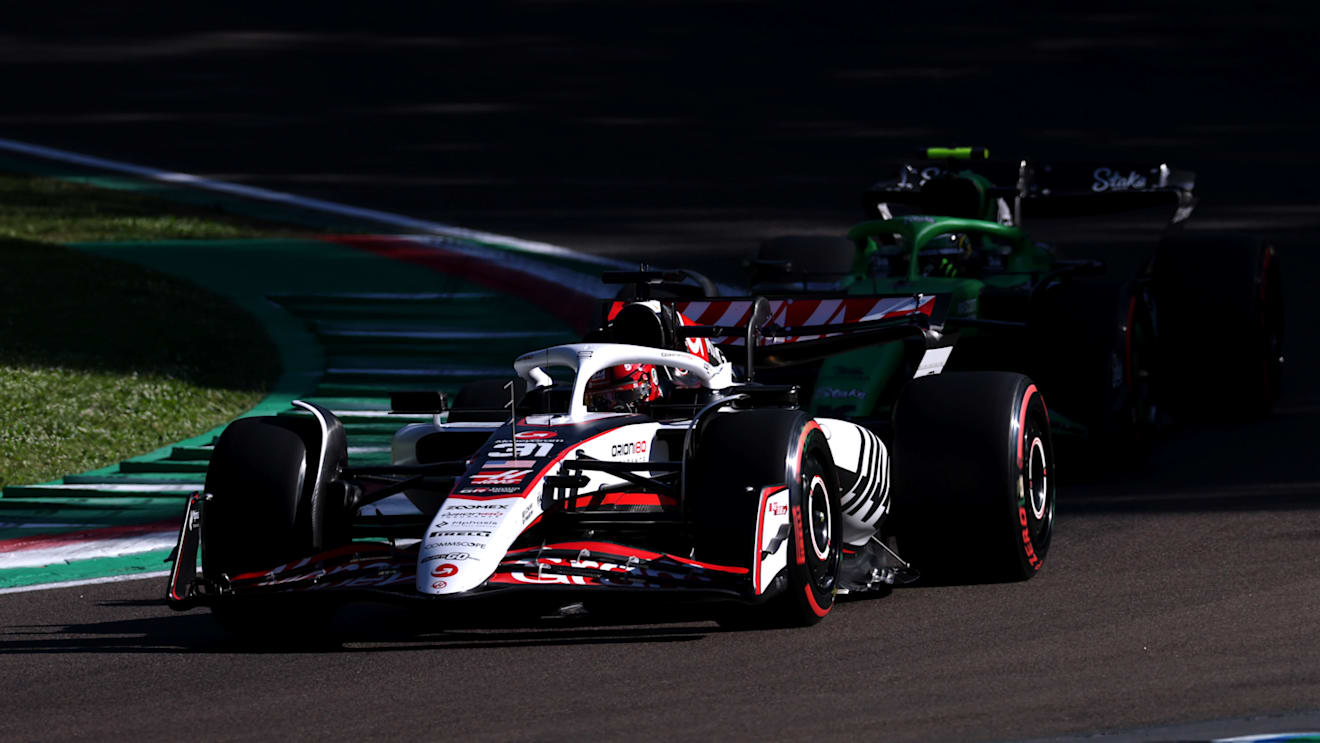 IMOLA, ITALY - MAY 16: Esteban Ocon of France driving the (31) Haas F1 VF-25 Ferrari leads Gabriel Bortoleto of Brazil driving the (5) Kick Sauber C45 Ferrari on track during practice ahead of the F1 Grand Prix of Emilia-Romagna at Autodromo Internazionale Enzo e Dino Ferrari on May 16, 2025 in Imola, Italy. (Photo by Ryan Pierse/Getty Images)