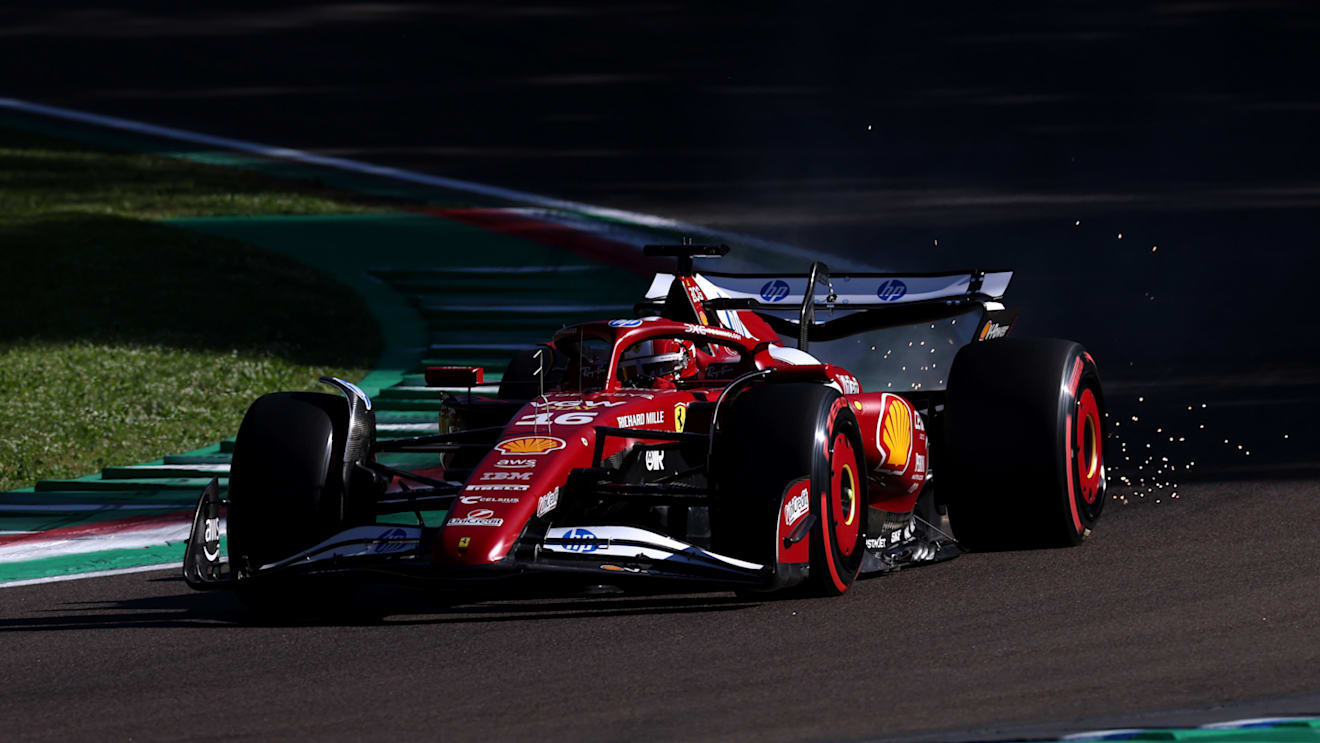IMOLA, ITALY - MAY 16: Sparks fly behind Charles Leclerc of Monaco driving the (16) Scuderia Ferrari SF-25 on track during practice ahead of the F1 Grand Prix of Emilia-Romagna at Autodromo Internazionale Enzo e Dino Ferrari on May 16, 2025 in Imola, Italy. (Photo by Ryan Pierse/Getty Images)