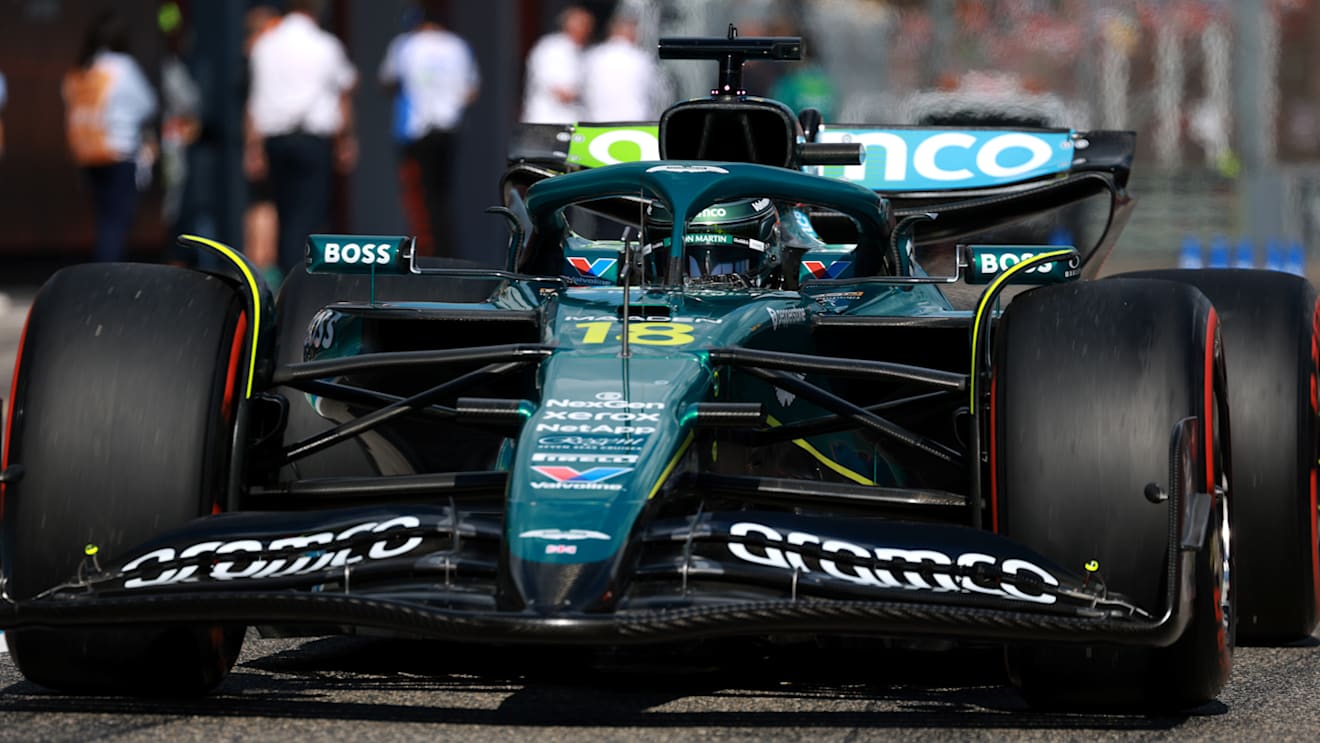 IMOLA, ITALY - MAY 17: Lance Stroll of Canada driving the (18) Aston Martin F1 Team AMR25 Mercedes in the Pitlane during qualifying ahead of the F1 Grand Prix of Emilia-Romagna at Autodromo Internazionale Enzo e Dino Ferrari on May 17, 2025 in Imola, Italy. (Photo by Mark Thompson/Getty Images)