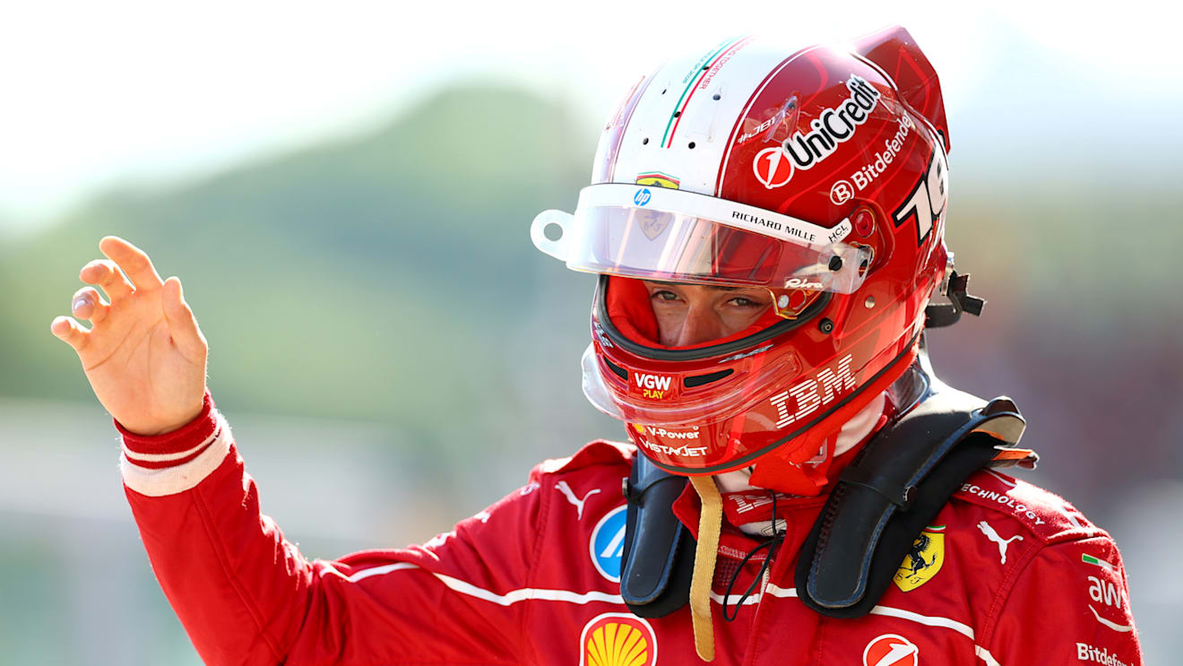 IMOLA, ITALY - MAY 17: Eleventh placed qualifier Charles Leclerc of Monaco and Scuderia Ferrari waves in the Pitlane during qualifying ahead of the F1 Grand Prix of Emilia-Romagna at Autodromo Internazionale Enzo e Dino Ferrari on May 17, 2025 in Imola, Italy. (Photo by Bryn Lennon - Formula 1/Formula 1 via Getty Images)