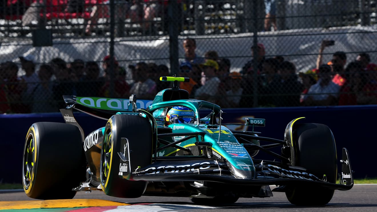 IMOLA, ITALY - MAY 17: Fernando Alonso of Spain driving the (14) Aston Martin F1 Team AMR25 Mercedes lifts a wheel on track during qualifying ahead of the F1 Grand Prix of Emilia-Romagna at Autodromo Internazionale Enzo e Dino Ferrari on May 17, 2025 in Imola, Italy. (Photo by Malcolm Griffiths - Formula 1/Formula 1 via Getty Images)