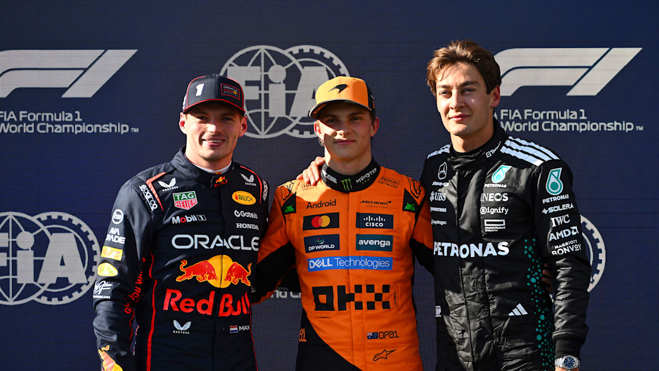 IMOLA, ITALY - MAY 17: Top three qualifiers Pole position qualifier Oscar Piastri of Australia and McLaren Second placed qualifier Max Verstappen of the Netherlands and Oracle Red Bull Racing and Third placed qualifier George Russell of Great Britain and Mercedes AMG Petronas F1 Team during qualifying ahead of the F1 Grand Prix of Emilia-Romagna at Autodromo Internazionale Enzo e Dino Ferrari on May 17, 2025 in Imola, Italy. (Photo by Rudy Carezzevoli/Getty Images)