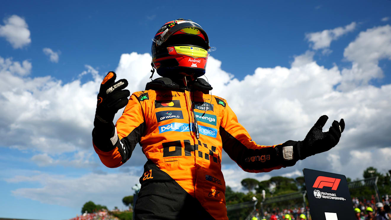 IMOLA, ITALY - MAY 17: Pole position qualifier Oscar Piastri of Australia and McLaren celebrates in parc ferme during qualifying ahead of the F1 Grand Prix of Emilia-Romagna at Autodromo Internazionale Enzo e Dino Ferrari on May 17, 2025 in Imola, Italy. (Photo by Bryn Lennon - Formula 1/Formula 1 via Getty Images)