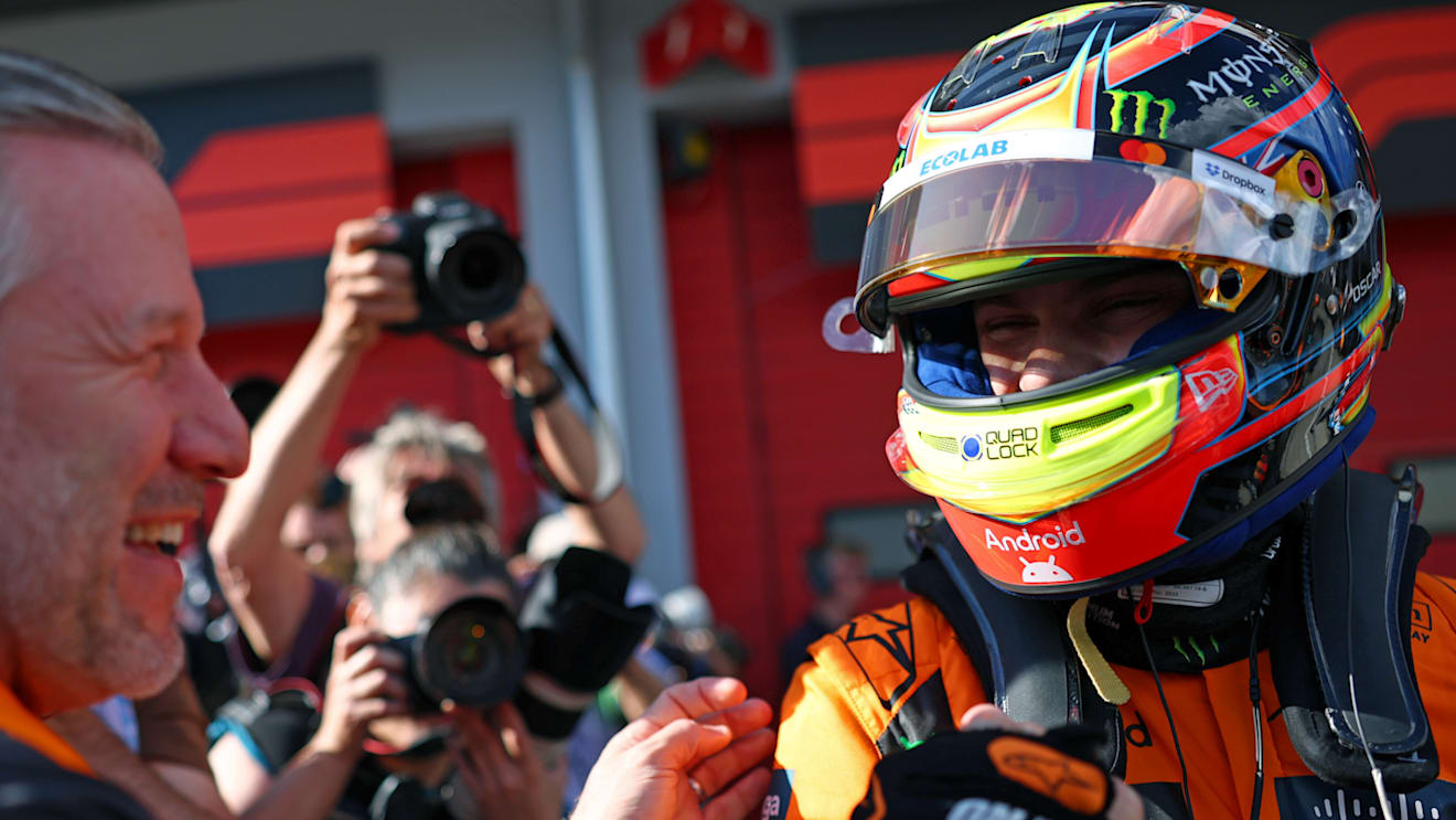 IMOLA, ITALY - MAY 17: Zak Brown, Chief Executive Officer of McLaren and Pole position qualifier Oscar Piastri of Australia and McLaren celebrates in parc ferme during qualifying ahead of the F1 Grand Prix of Emilia-Romagna at Autodromo Internazionale Enzo e Dino Ferrari on May 17, 2025 in Imola, Italy. (Photo by Mark Thompson/Getty Images)