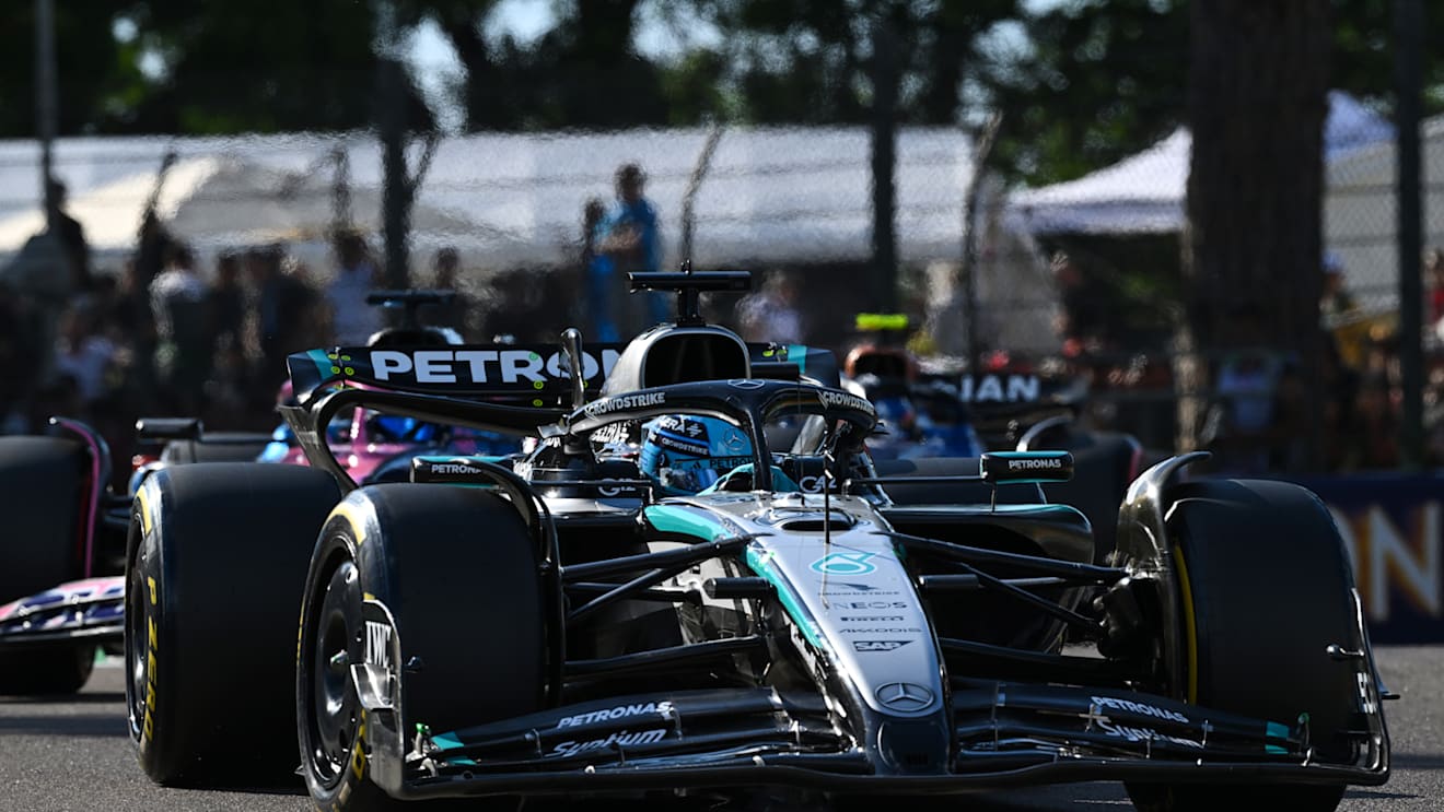 IMOLA, ITALY - MAY 17: George Russell of Great Britain driving the (63) Mercedes AMG Petronas F1 Team W16 leads Pierre Gasly of France driving the (10) Alpine F1 A525 Renault on track during qualifying ahead of the F1 Grand Prix of Emilia-Romagna at Autodromo Internazionale Enzo e Dino Ferrari on May 17, 2025 in Imola, Italy. (Photo by Mark Sutton - Formula 1/Formula 1 via Getty Images)