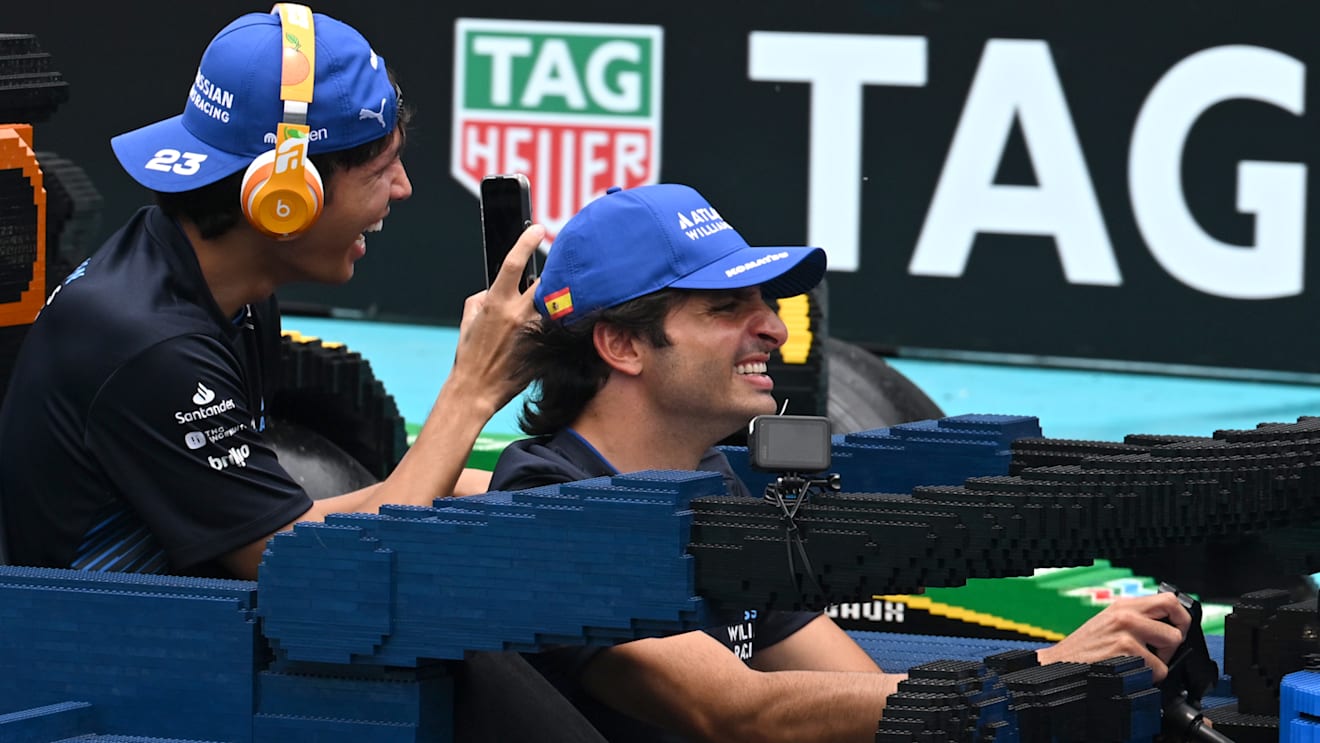 MIAMI, FLORIDA - MAY 04: Carlos Sainz of Spain and Williams and Alexander Albon of Thailand and Williams at the Lego drivers parade prior to the F1 Grand Prix of Miami at Miami International Autodrome on May 04, 2025 in Miami, Florida. (Photo by Mark Sutton - Formula 1/Formula 1 via Getty Images)