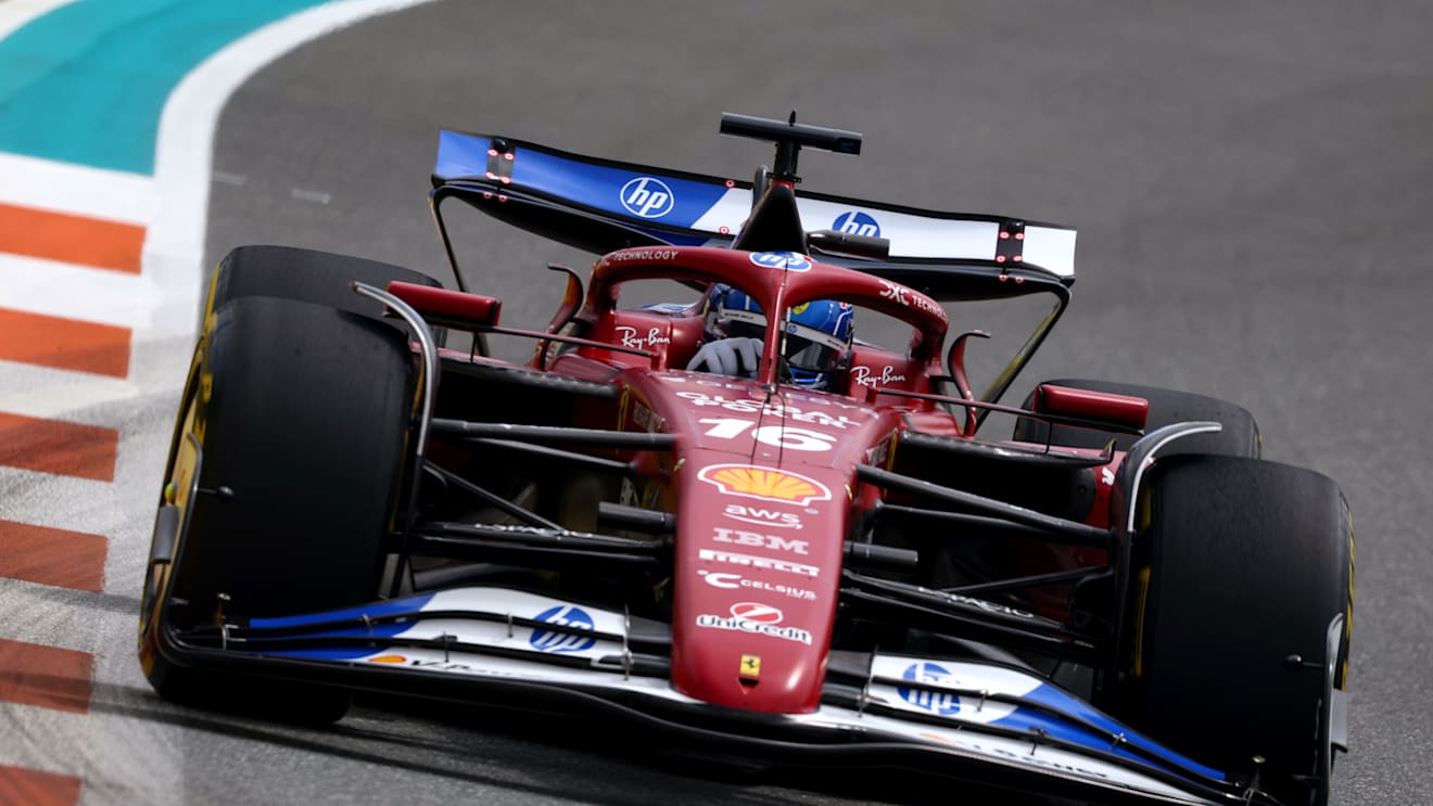 MIAMI, FLORIDA - MAY 04: Charles Leclerc of Monaco driving the (16) Scuderia Ferrari SF-25 heads to the grid during the F1 Grand Prix of Miami at Miami International Autodrome on May 04, 2025 in Miami, Florida. (Photo by Clive Rose/Getty Images)