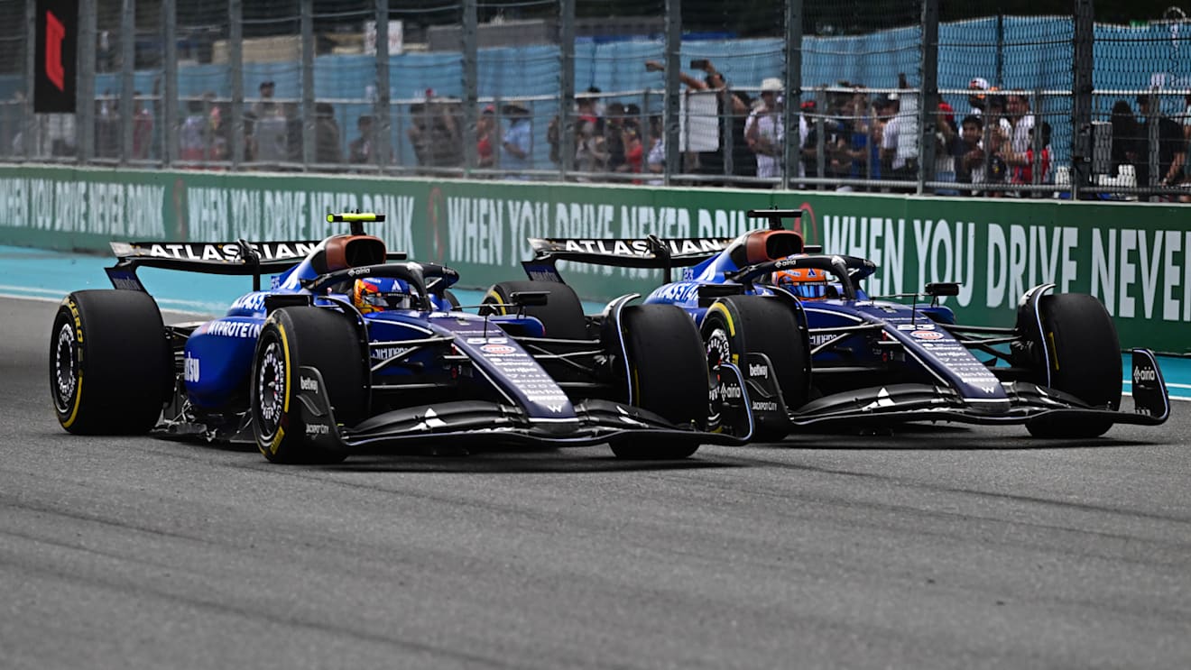 MIAMI, FLORIDA - MAY 04: Carlos Sainz of Spain driving the (55) Williams FW47 Mercedes and Alexander Albon of Thailand driving the (23) Williams FW47 Mercedes battle for track position on track during the F1 Grand Prix of Miami at Miami International Autodrome on May 04, 2025 in Miami, Florida. (Photo by Pauline Ballet - Formula 1/Formula 1 via Getty Images)