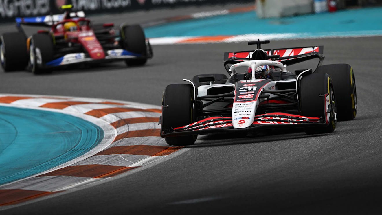 MIAMI, FLORIDA - MAY 04: Esteban Ocon of France driving the (31) Haas F1 VF-25 Ferrari leads Lewis Hamilton of Great Britain driving the (44) Scuderia Ferrari SF-25 on track during the F1 Grand Prix of Miami at Miami International Autodrome on May 04, 2025 in Miami, Florida. (Photo by Rudy Carezzevoli/Getty Images)