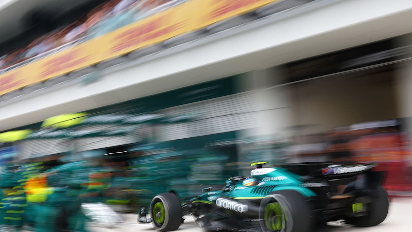 MIAMI, FLORIDA - MAY 04: Fernando Alonso of Spain driving the (14) Aston Martin F1 Team AMR25 Mercedes makes a pitstop during the F1 Grand Prix of Miami at Miami International Autodrome on May 04, 2025 in Miami, Florida. (Photo by Bryn Lennon - Formula 1/Formula 1 via Getty Images)