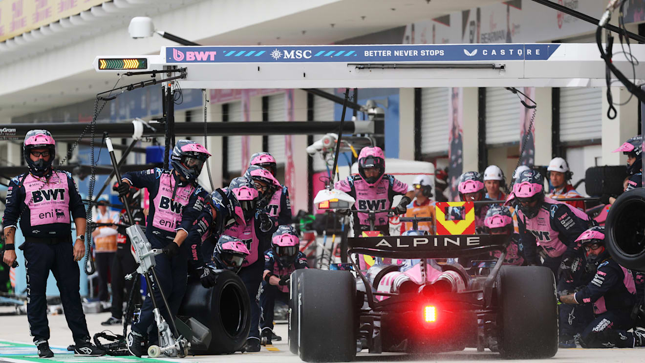MIAMI, FLORIDA - MAY 04: Pierre Gasly of France driving the (10) Alpine F1 A525 Renault makes a pitstop during the F1 Grand Prix of Miami at Miami International Autodrome on May 04, 2025 in Miami, Florida. (Photo by Mark Thompson/Getty Images)