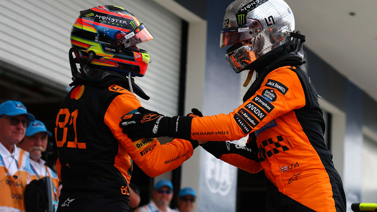 MIAMI, FLORIDA - MAY 04: Race winner Oscar Piastri of Australia and McLaren and Second placed Lando Norris of Great Britain and McLaren congratulate each other in parc ferme during the F1 Grand Prix of Miami at Miami International Autodrome on May 04, 2025 in Miami, Florida. (Photo by Bryn Lennon - Formula 1/Formula 1 via Getty Images)