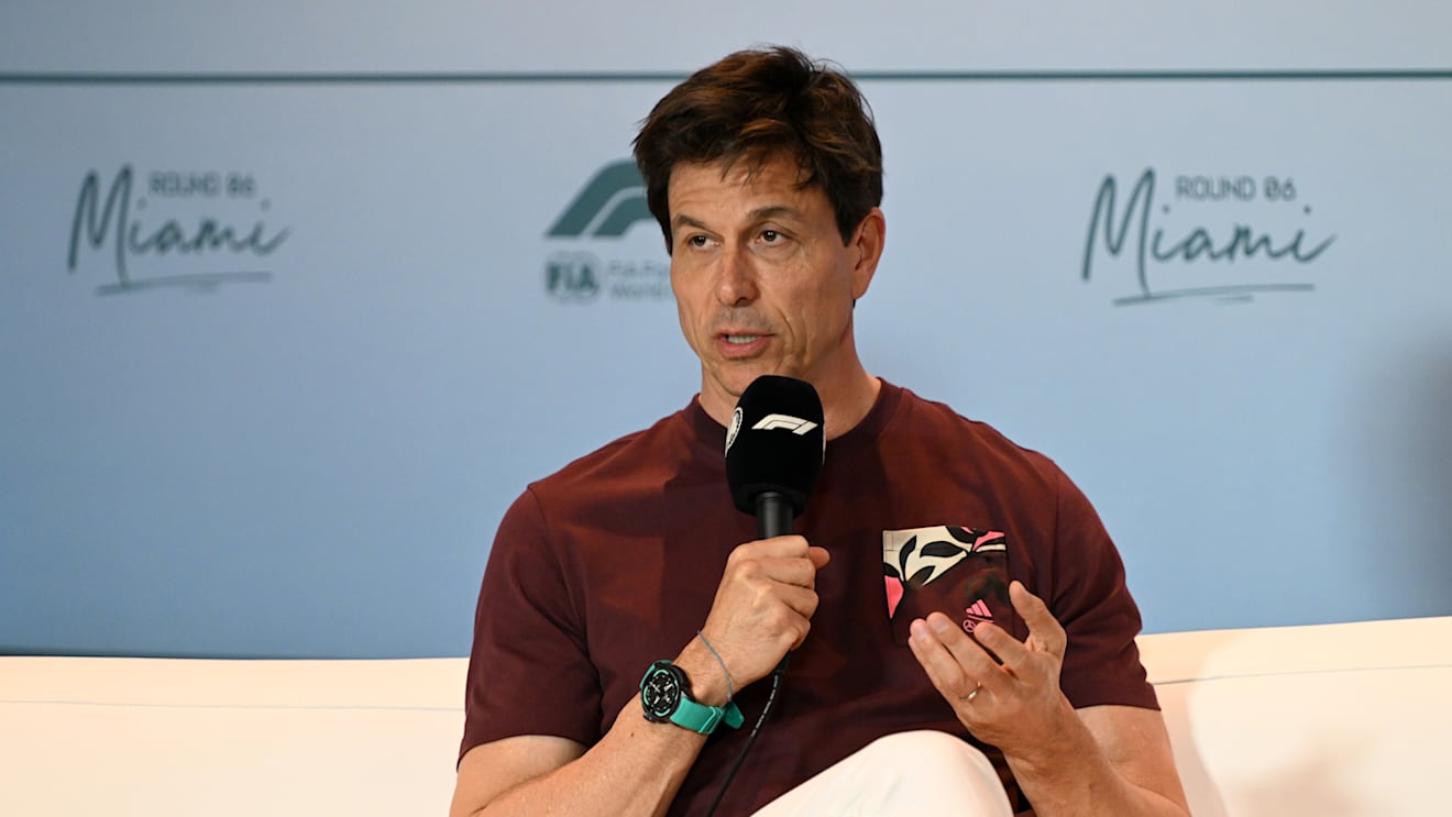 MIAMI, FLORIDA - MAY 02: Toto Wolff, Executive Director of Mercedes AMG Petronas F1 Team in the Team Principals Press Conference prior to Sprint qualifying ahead of the F1 Grand Prix of Miami at Miami International Autodrome on May 02, 2025 in Miami, Florida. (Photo by Mark Sutton - Formula 1/Formula 1 via Getty Images)