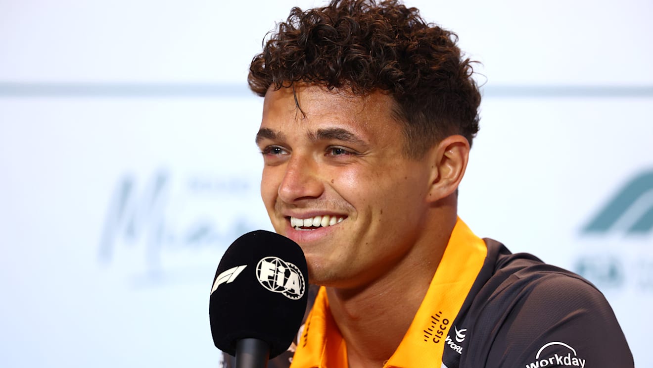 MIAMI, FLORIDA - MAY 01: Lando Norris of Great Britain and McLaren speaks in the Drivers Press Conference during previews ahead of the F1 Grand Prix of Miami at Miami International Autodrome on May 01, 2025 in Miami, Florida. (Photo by Clive Rose/Getty Images)