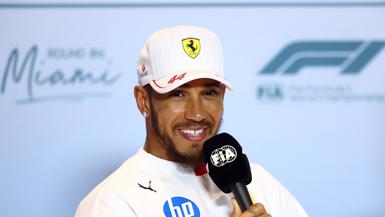 MIAMI, FLORIDA - MAY 01: Lewis Hamilton of Great Britain and Scuderia Ferrari speaks in the Drivers Press Conference during previews ahead of the F1 Grand Prix of Miami at Miami International Autodrome on May 01, 2025 in Miami, Florida. (Photo by Clive Rose/Getty Images)