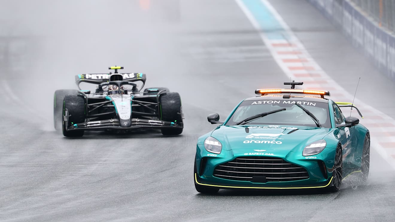 MIAMI, FLORIDA - MAY 03: The FIA Safety Car leads Andrea Kimi Antonelli of Italy driving the (12) Mercedes AMG Petronas F1 Team W16 on the formation lap during the Sprint ahead of the F1 Grand Prix of Miami at Miami International Autodrome on May 03, 2025 in Miami, Florida. (Photo by Bryn Lennon - Formula 1/Formula 1 via Getty Images)
