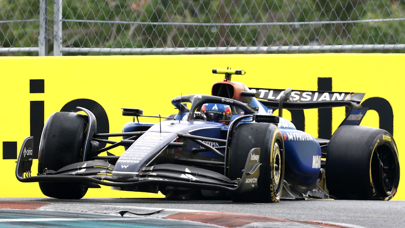 MIAMI, FLORIDA - MAY 03: Carlos Sainz of Spain driving the (55) Williams FW47 Mercedes on track with a puncture during the Sprint ahead of the F1 Grand Prix of Miami at Miami International Autodrome on May 03, 2025 in Miami, Florida. (Photo by Clive Rose/Getty Images)