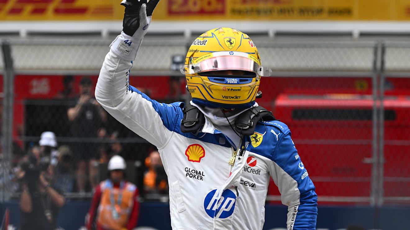 MIAMI, FLORIDA - MAY 03: Third placed Lewis Hamilton of Great Britain and Scuderia Ferrari celebrates in parc ferme during the Sprint ahead of the F1 Grand Prix of Miami at Miami International Autodrome on May 03, 2025 in Miami, Florida. (Photo by Rudy Carezzevoli/Getty Images)