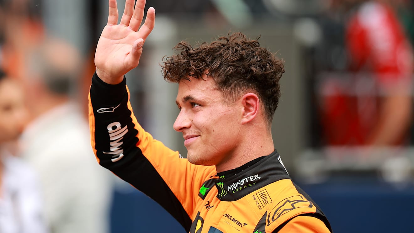 MIAMI, FLORIDA - MAY 03: Sprint winner Lando Norris of Great Britain and McLaren waves in parc ferme during the Sprint ahead of the F1 Grand Prix of Miami at Miami International Autodrome on May 03, 2025 in Miami, Florida. (Photo by Hector Vivas/Getty Images)