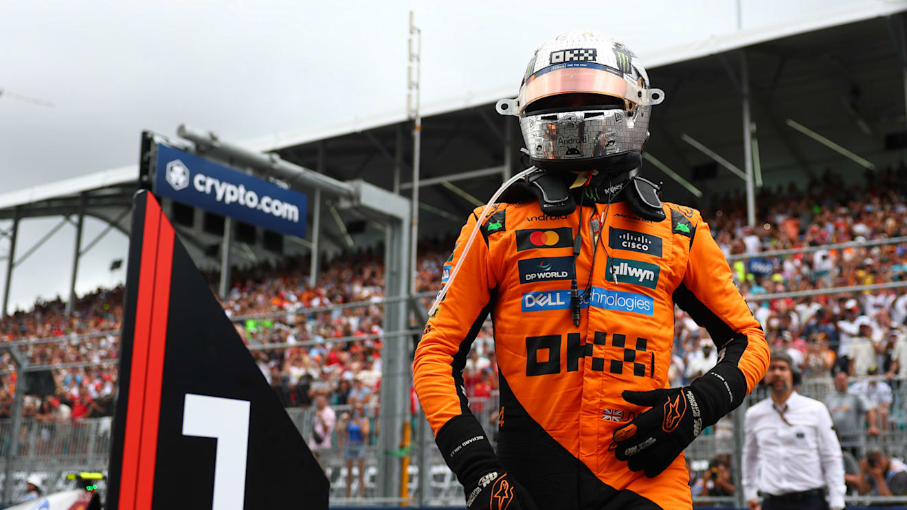 MIAMI, FLORIDA - MAY 03: Sprint winner Lando Norris of Great Britain and McLaren in parc ferme during the Sprint ahead of the F1 Grand Prix of Miami at Miami International Autodrome on May 03, 2025 in Miami, Florida. (Photo by Bryn Lennon - Formula 1/Formula 1 via Getty Images)