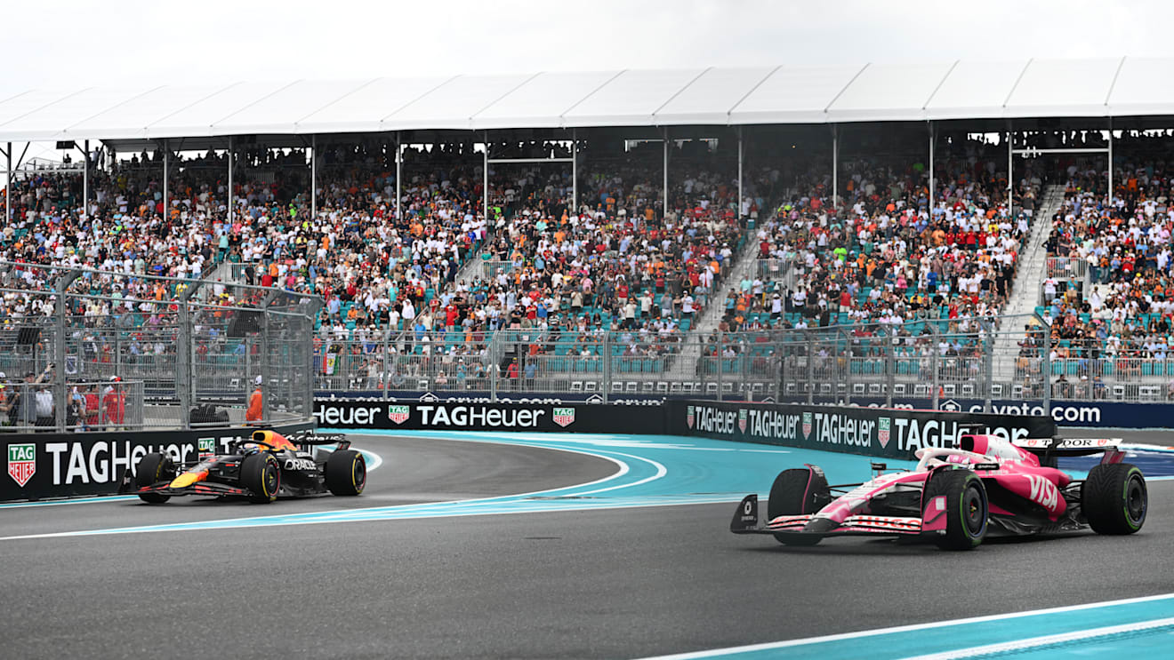 MIAMI, FLORIDA - MAY 03: Max Verstappen of the Netherlands driving the (1) Oracle Red Bull Racing RB21 leads Isack Hadjar of France driving the (6) Visa Cash App Racing Bulls VCARB 02 as he emerges from the pitlane during the Sprint ahead of the F1 Grand Prix of Miami at Miami International Autodrome on May 03, 2025 in Miami, Florida. (Photo by Rudy Carezzevoli/Getty Images)