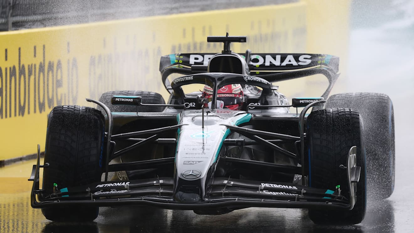 MIAMI, FLORIDA - MAY 03: George Russell of Great Britain driving the (63) Mercedes AMG Petronas F1 Team W16 on track during the Sprint ahead of the F1 Grand Prix of Miami at Miami International Autodrome on May 03, 2025 in Miami, Florida. (Photo by Clive Rose/Getty Images)