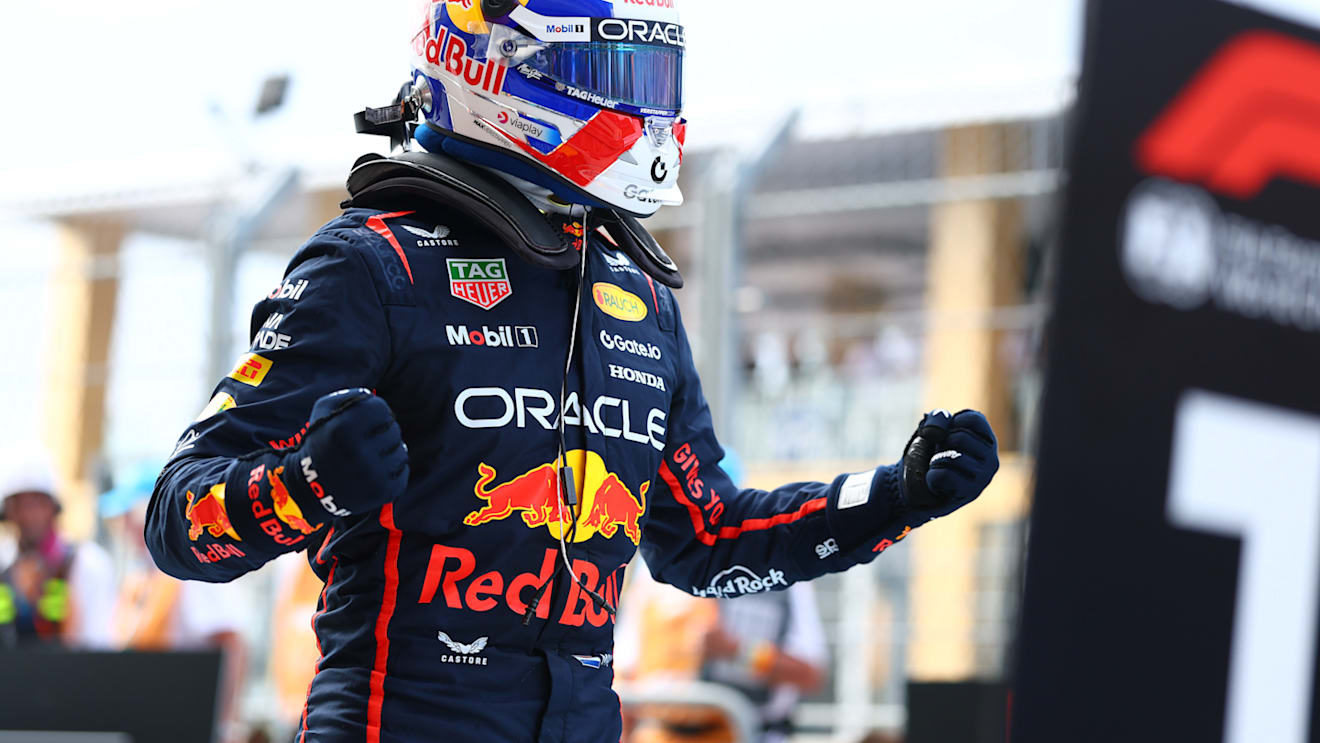 MIAMI, FLORIDA - MAY 03: Pole position qualifier Max Verstappen of the Netherlands and Oracle Red Bull Racing celebrates in parc ferme during qualifying ahead of the F1 Grand Prix of Miami at Miami International Autodrome on May 03, 2025 in Miami, Florida. (Photo by Bryn Lennon - Formula 1/Formula 1 via Getty Images)