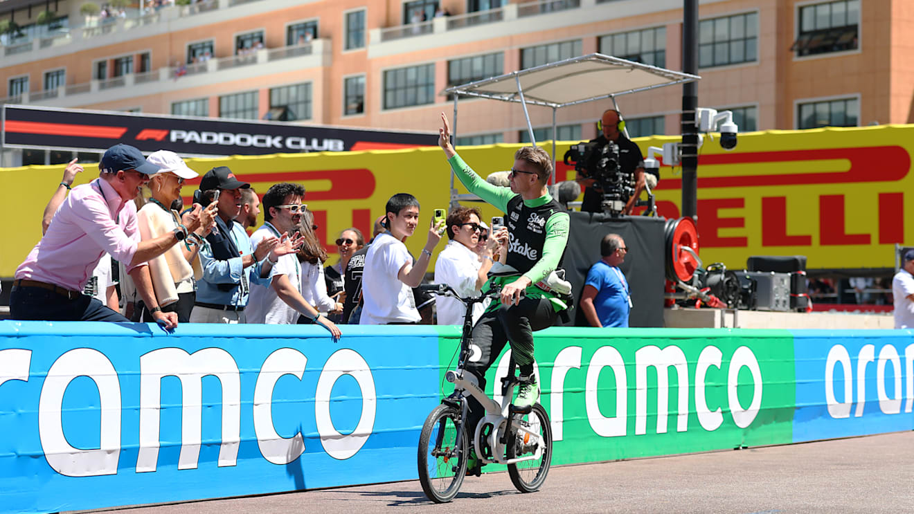 MONTE-CARLO, MONACO - MAY 25: Nico Hulkenberg of Germany and Stake F1 Team Kick Sauber rides his bicycle in the Pitlane prior to the F1 Grand Prix of Monaco at Circuit de Monaco on May 25, 2025 in Monte-Carlo, Monaco. (Photo by Bryn Lennon - Formula 1/Formula 1 via Getty Images)