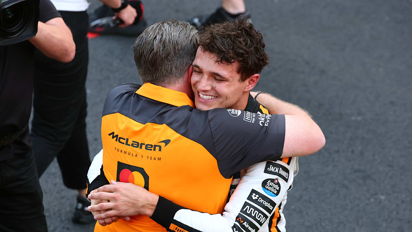 MONTE-CARLO, MONACO - MAY 25: Race winner Lando Norris of Great Britain and McLaren embraces Zak Brown, Chief Executive Officer of McLaren in parc ferme during the F1 Grand Prix of Monaco at Circuit de Monaco on May 25, 2025 in Monte-Carlo, Monaco. (Photo by Clive Rose/Getty Images)