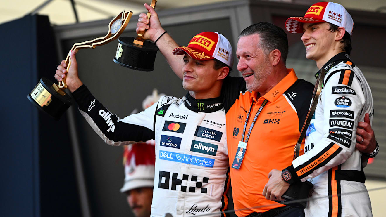 MONTE-CARLO, MONACO - MAY 25: Race winner Lando Norris of Great Britain and McLaren, Third placed Oscar Piastri of Australia and McLaren and Zak Brown, Chief Executive Officer of McLaren celebrate on the podium during the F1 Grand Prix of Monaco at Circuit de Monaco on May 25, 2025 in Monte-Carlo, Monaco. (Photo by Rudy Carezzevoli/Getty Images)
