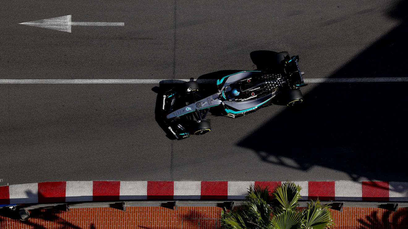 MONTE-CARLO, MONACO - MAY 23: George Russell of Great Britain driving the (63) Mercedes AMG Petronas F1 Team W16 on track during practice ahead of the F1 Grand Prix of Monaco at Circuit de Monaco on May 23, 2025 in Monte-Carlo, Monaco. (Photo by Bryn Lennon - Formula 1/Formula 1 via Getty Images)