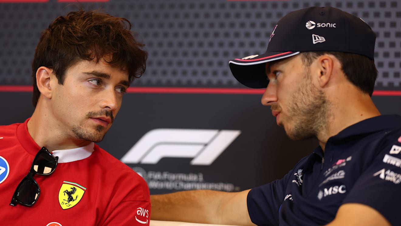 MONTE-CARLO, MONACO - MAY 22: Charles Leclerc of Monaco and Scuderia Ferrari talks with Pierre Gasly of France and Alpine F1 in the Drivers Press Conference during previews ahead of the F1 Grand Prix of Monaco at Circuit de Monaco on May 22, 2025 in Monte-Carlo, Monaco. (Photo by Clive Rose/Getty Images)