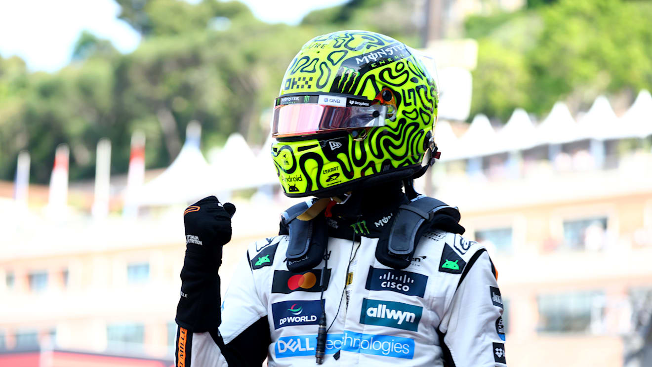 MONTE-CARLO, MONACO - MAY 24: Pole position qualifier Lando Norris of Great Britain and McLaren celebrates on arrival in parc ferme during qualifying ahead of the F1 Grand Prix of Monaco at Circuit de Monaco on May 24, 2025 in Monte-Carlo, Monaco (Photo by Mark Thompson/Getty Images)