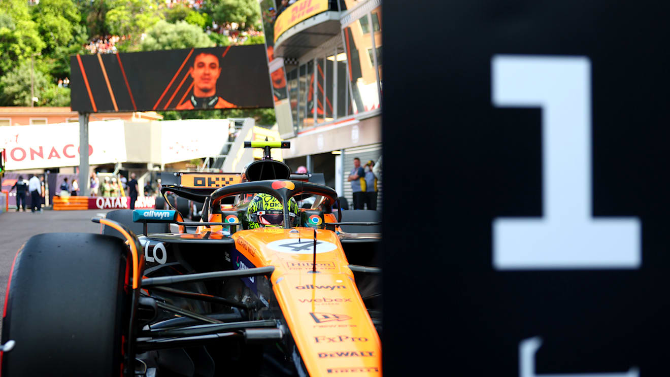 MONTE-CARLO, MONACO - MAY 24: Pole position qualifier Lando Norris of Great Britain and McLaren arrives in parc ferme during qualifying ahead of the F1 Grand Prix of Monaco at Circuit de Monaco on May 24, 2025 in Monte-Carlo, Monaco (Photo by Bryn Lennon - Formula 1/Formula 1 via Getty Images)