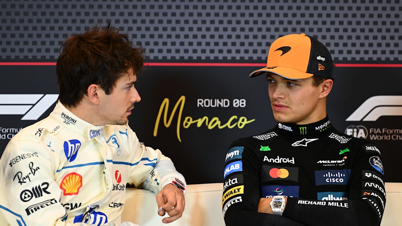 MONTE-CARLO, MONACO - MAY 24: Pole position qualifier Lando Norris of Great Britain and McLaren and Second placed qualifier Charles Leclerc of Monaco and Scuderia Ferrari talk in the Drivers Press Conference during qualifying ahead of the F1 Grand Prix of Monaco at Circuit de Monaco on May 24, 2025 in Monte-Carlo, Monaco (Photo by Mark Sutton - Formula 1/Formula 1 via Getty Images)