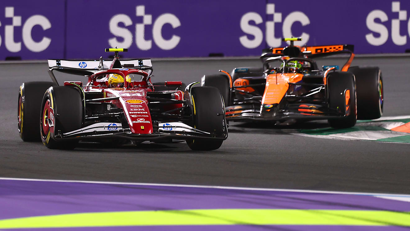 JEDDAH, SAUDI ARABIA - APRIL 20: Lewis Hamilton of Great Britain driving the (44) Scuderia Ferrari SF-25 leads Lando Norris of Great Britain driving the (4) McLaren MCL39 Mercedes on track during the F1 Grand Prix of Saudi Arabia at Jeddah Corniche Circuit on April 20, 2025 in Jeddah, Saudi Arabia. (Photo by Alex Pantling/Getty Images)