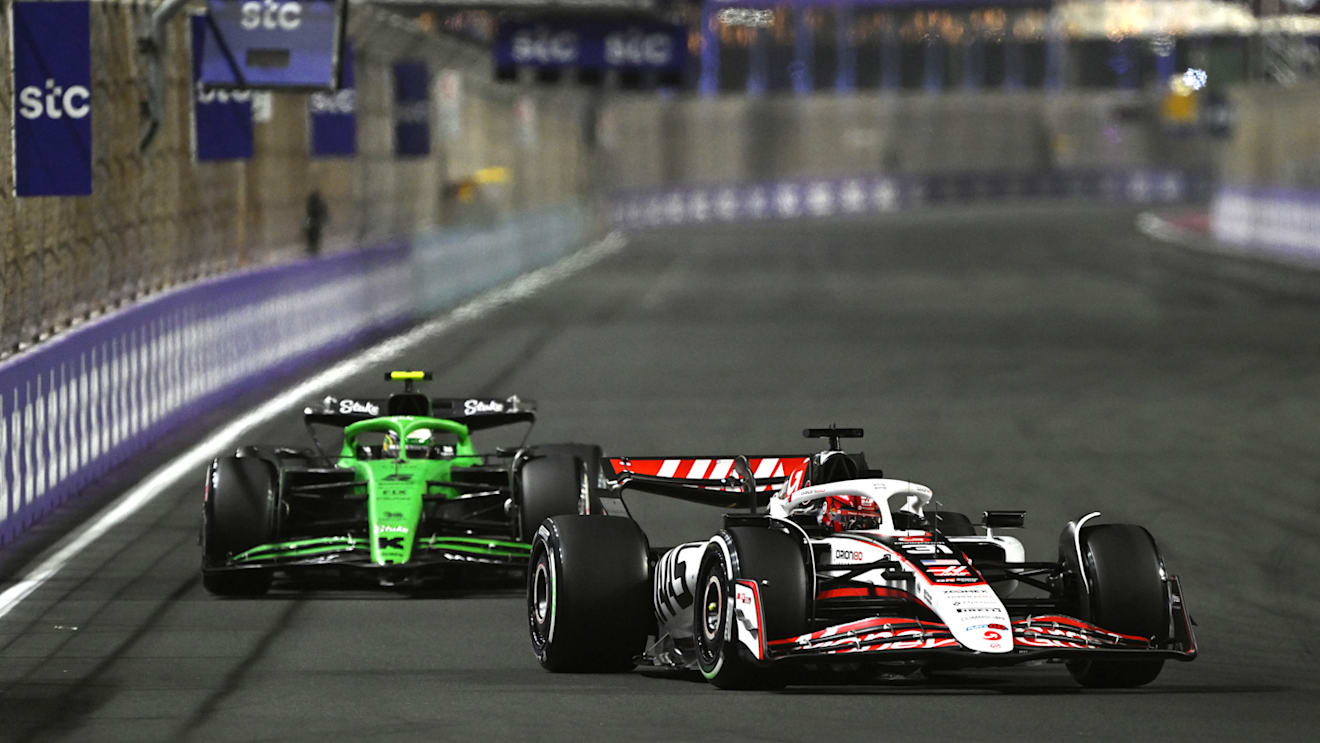 JEDDAH, SAUDI ARABIA - APRIL 20: Esteban Ocon of France driving the (31) Haas F1 VF-25 Ferrari leads Gabriel Bortoleto of Brazil driving the (5) Kick Sauber C45 Ferrari on track during the F1 Grand Prix of Saudi Arabia at Jeddah Corniche Circuit on April 20, 2025 in Jeddah, Saudi Arabia. (Photo by Mark Sutton - Formula 1/Formula 1 via Getty Images)