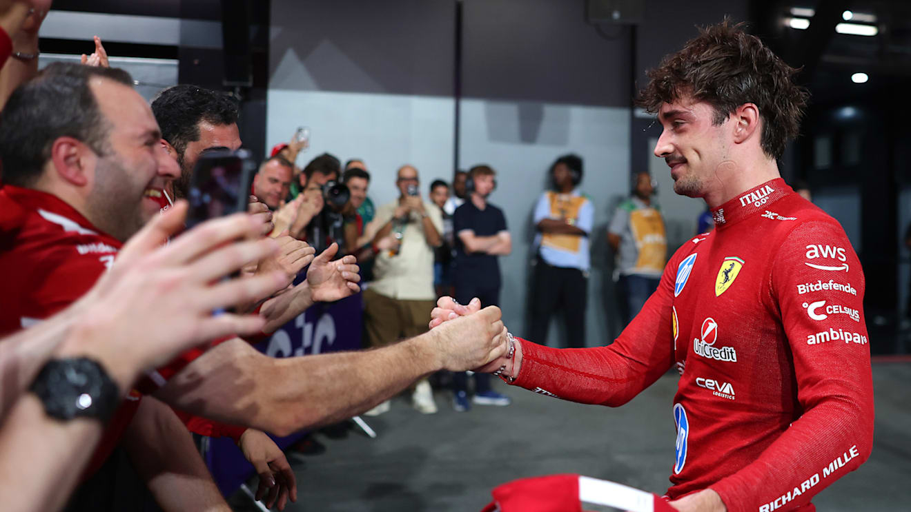 JEDDAH, SAUDI ARABIA - APRIL 20: Third placed Charles Leclerc of Monaco and Scuderia Ferrari celebrates with his team in parc ferme during the F1 Grand Prix of Saudi Arabia at Jeddah Corniche Circuit on April 20, 2025 in Jeddah, Saudi Arabia. (Photo by Alex Pantling/Getty Images)