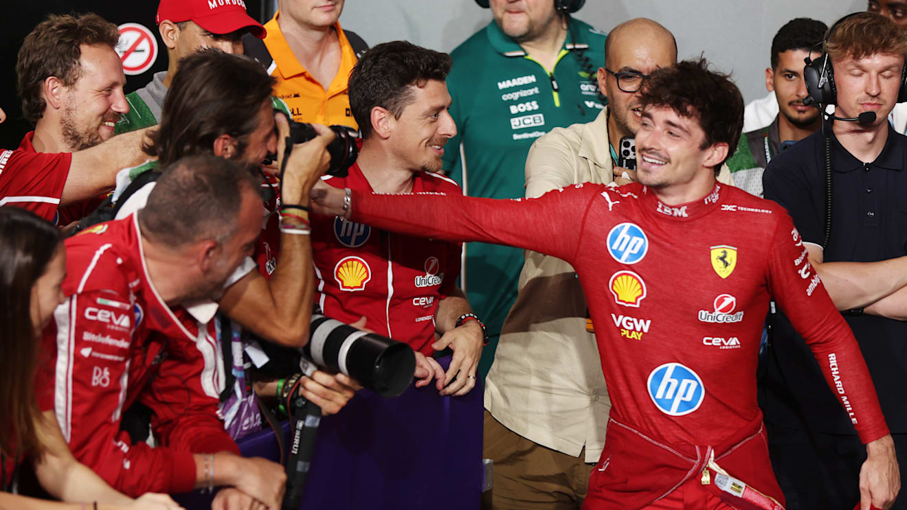 JEDDAH, SAUDI ARABIA - APRIL 20: Third placed Charles Leclerc of Monaco and Scuderia Ferrari celebrates with his team in parc ferme during the F1 Grand Prix of Saudi Arabia at Jeddah Corniche Circuit on April 20, 2025 in Jeddah, Saudi Arabia. (Photo by Meg Oliphant/Getty Images)