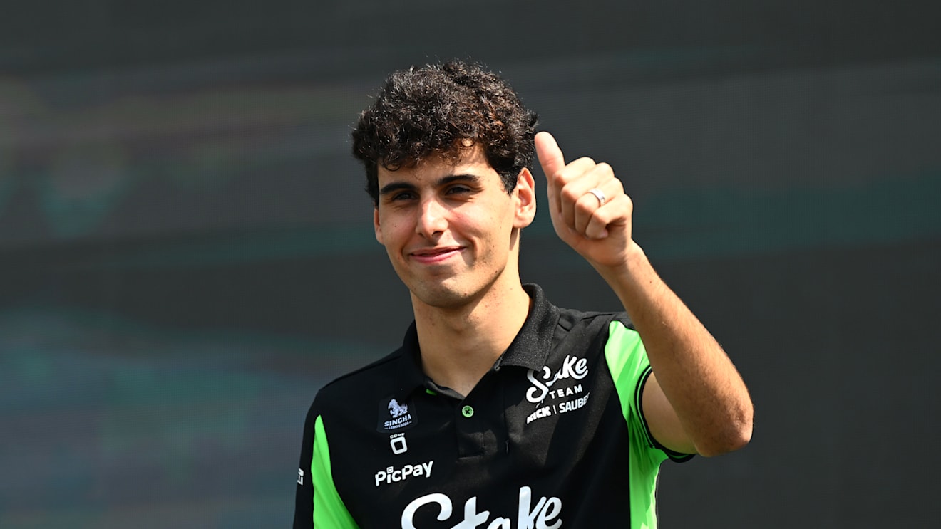 JEDDAH, SAUDI ARABIA - APRIL 18: Gabriel Bortoleto of Brazil and Stake F1 Team Kick Sauber on stage during practice ahead of the F1 Grand Prix of Saudi Arabia at Jeddah Corniche Circuit on April 18, 2025 in Jeddah, Saudi Arabia. (Photo by Mark Sutton - Formula 1/Formula 1 via Getty Images)