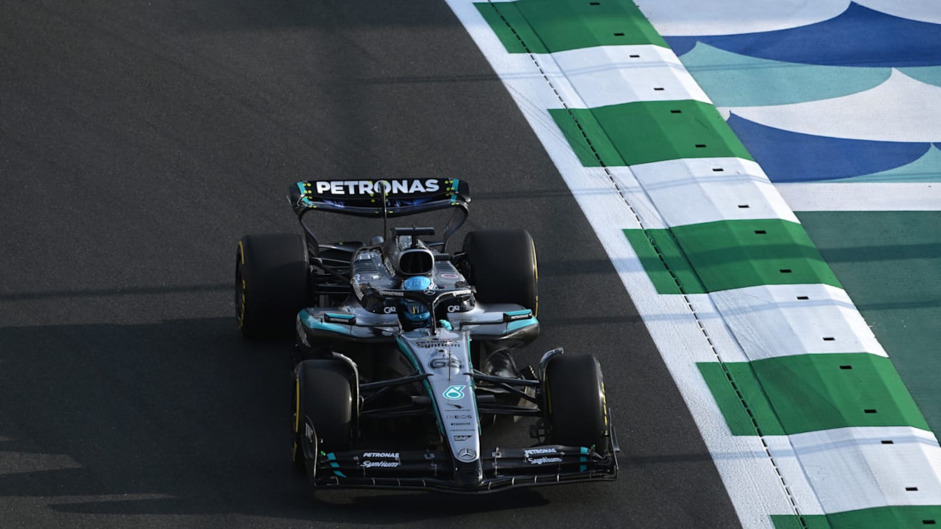 JEDDAH, SAUDI ARABIA - APRIL 18: George Russell of Great Britain driving the (63) Mercedes AMG Petronas F1 Team W16 on track during practice ahead of the F1 Grand Prix of Saudi Arabia at Jeddah Corniche Circuit on April 18, 2025 in Jeddah, Saudi Arabia. (Photo by Mark Sutton - Formula 1/Formula 1 via Getty Images)