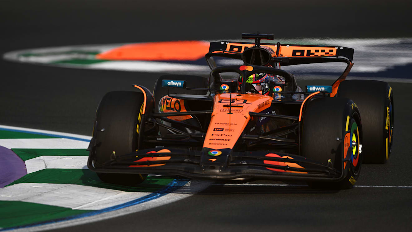 JEDDAH, SAUDI ARABIA - APRIL 18: Oscar Piastri of Australia driving the (81) McLaren MCL39 Mercedes on track during practice ahead of the F1 Grand Prix of Saudi Arabia at Jeddah Corniche Circuit on April 18, 2025 in Jeddah, Saudi Arabia. (Photo by Rudy Carezzevoli/Getty Images)
