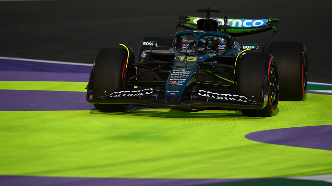 JEDDAH, SAUDI ARABIA - APRIL 18: Lance Stroll of Canada driving the (18) Aston Martin F1 Team AMR25 Mercedes on track during practice ahead of the F1 Grand Prix of Saudi Arabia at Jeddah Corniche Circuit on April 18, 2025 in Jeddah, Saudi Arabia. (Photo by Rudy Carezzevoli/Getty Images)