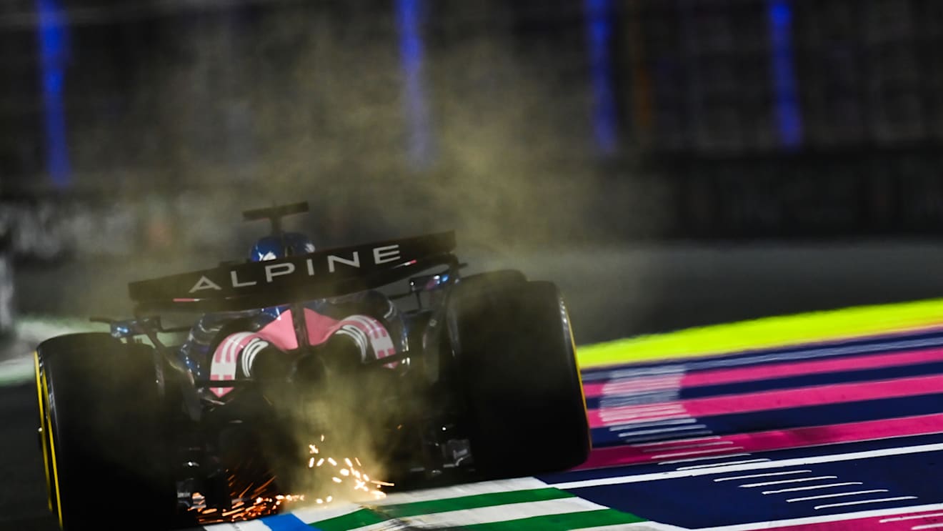 JEDDAH, SAUDI ARABIA - APRIL 18: Sparks fly behind Pierre Gasly of France driving the (10) Alpine F1 A525 Renault on track during practice ahead of the F1 Grand Prix of Saudi Arabia at Jeddah Corniche Circuit on April 18, 2025 in Jeddah, Saudi Arabia. (Photo by James Sutton - Formula 1/Formula 1 via Getty Images)